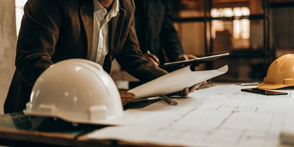 Professional accountant reviewing construction project financial documents at a modern desk with hard hat and blueprints