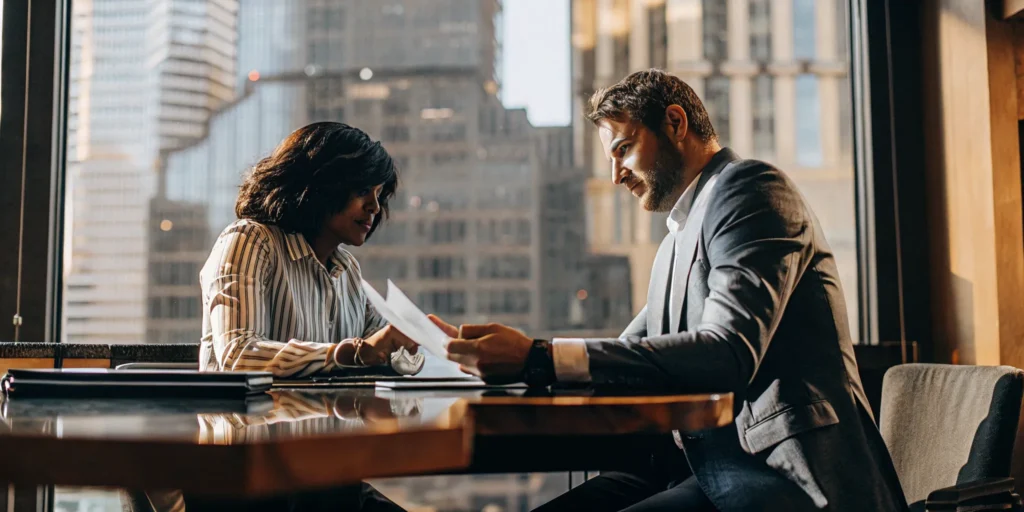 Professional CPA and real estate investor reviewing tax documents in a modern Atlanta office