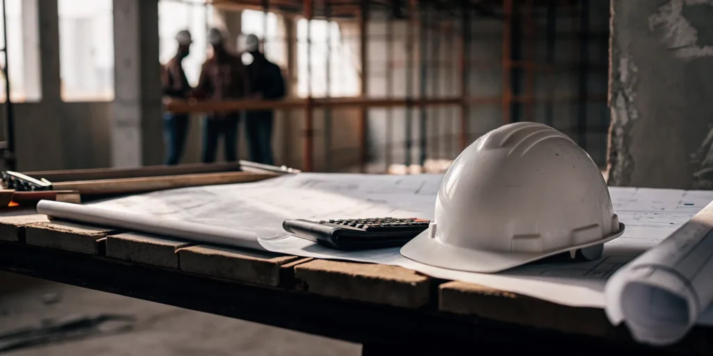 Construction blueprints, hard hat, and calculator representing construction bookkeeping and job costing for contractors