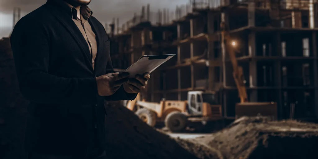 Construction contractor reviewing financial reports on a tablet at a job site