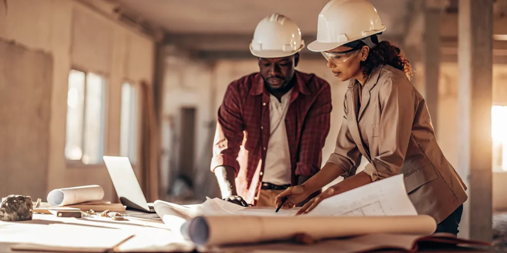 Construction site manager and CPA reviewing blueprints at a job site table with hard hats and plans visible