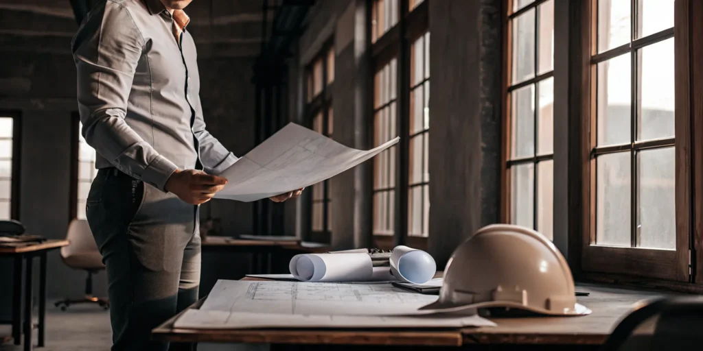 Construction contractor reviewing project blueprints and financial documents at a job site