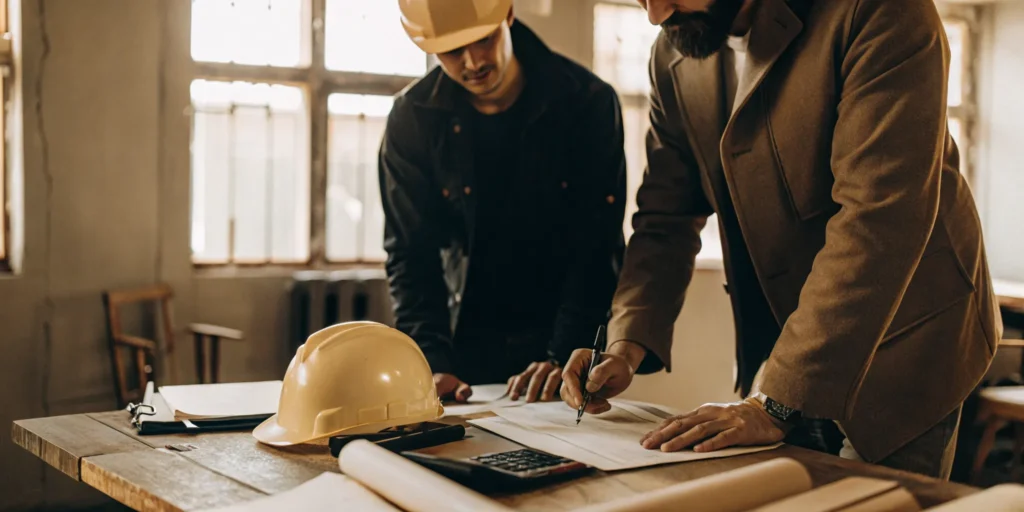 Construction contractor reviewing financial documents with a tax advisor in a bright office