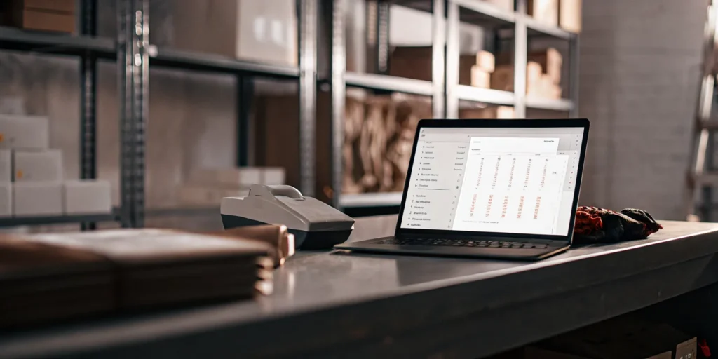 Professional workspace with laptop, calculator, and receipts for ecommerce bookkeeping