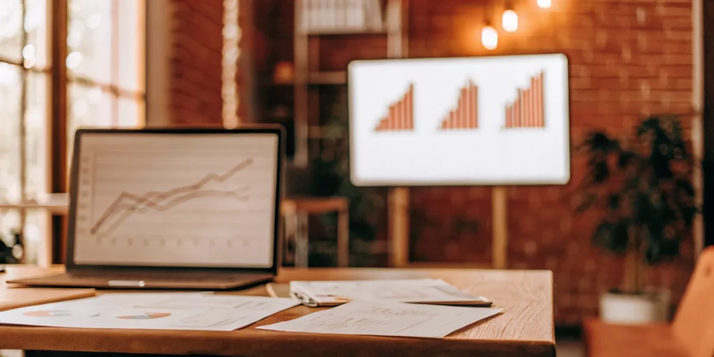 Marketing agency office with growth charts and financial planning documents