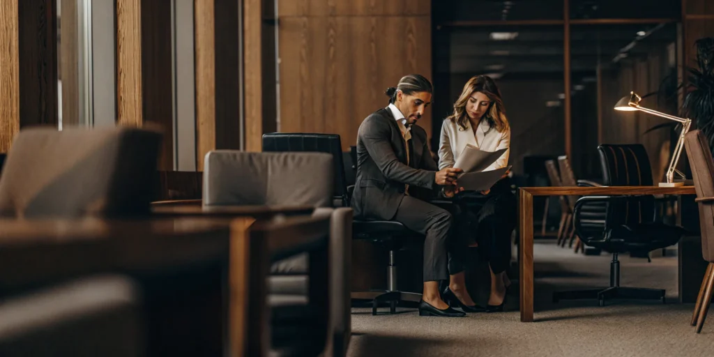 Modern professional services office with CPA and business owners reviewing financial documents