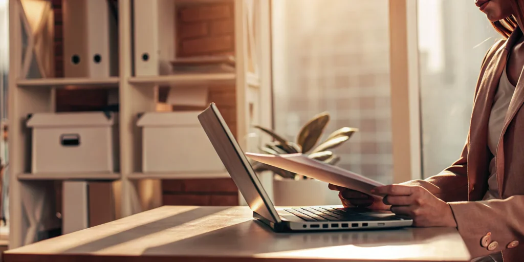 Small company accountant reviewing financial documents on a laptop at their desk.