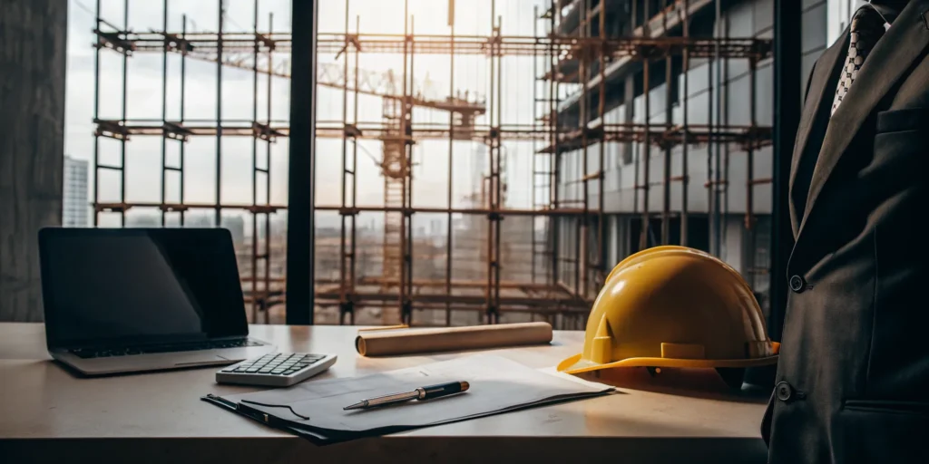A construction accountant's desk with a laptop, calculator, and hard hat on a construction site background.