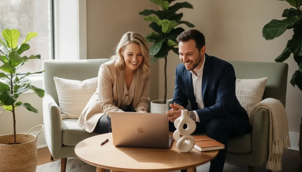 A therapist and an accounting advisor reviewing practice finances in a warm private-practice office
