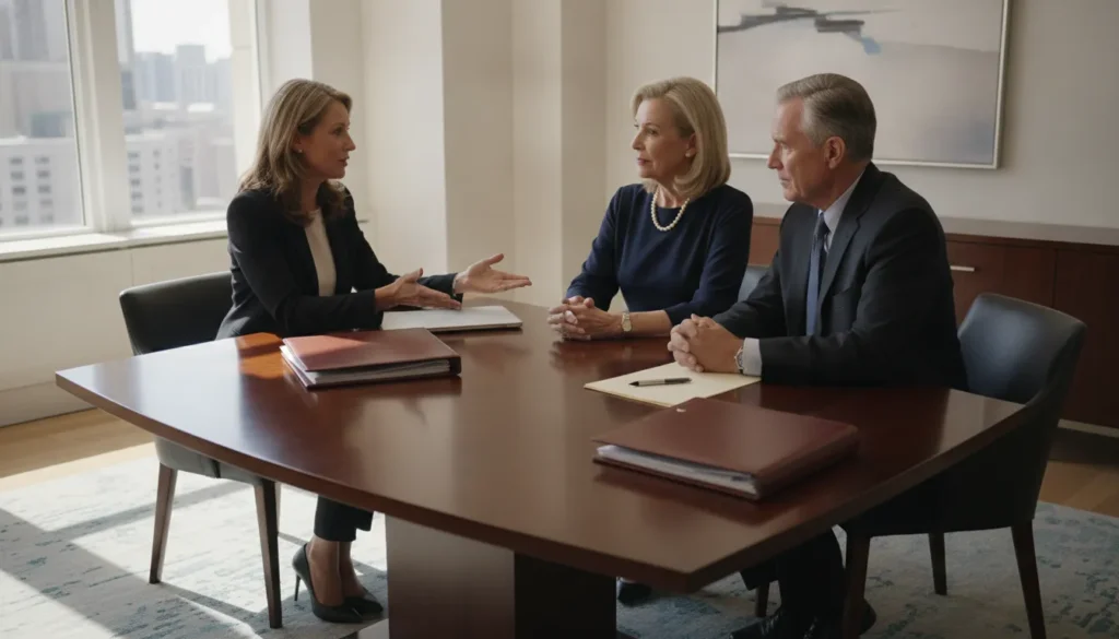 A financial advisor meeting with a high-net-worth couple in an elegant office to review a wealth and estate tax strategy
