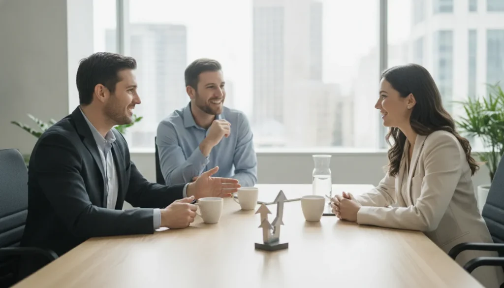 Business owners meeting with a financial advisor to plan growth strategy in a bright modern office