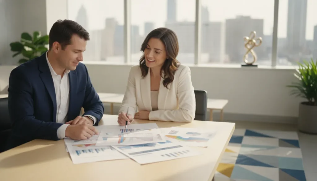 Small business owner reviewing financial plans with an advisor