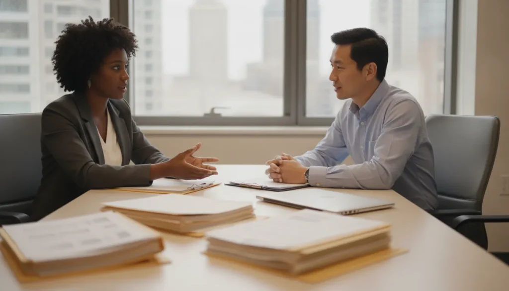 Small-business owner reviewing tax records with a CPA