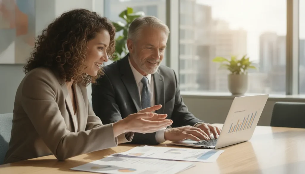 Business owner and financial advisor reviewing an outsourced controller dashboard