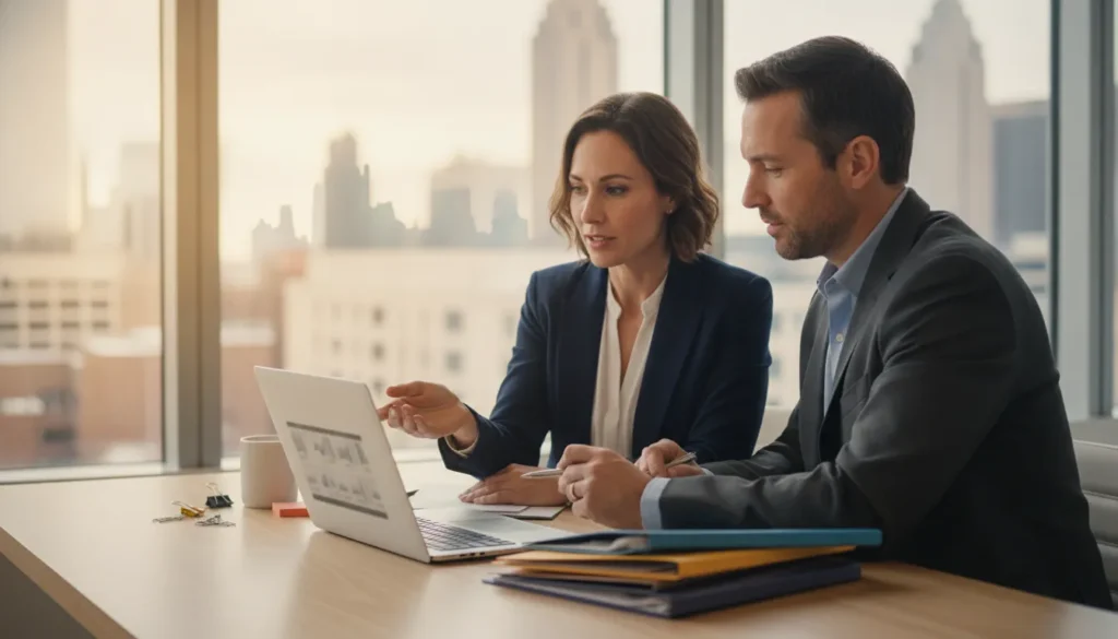 Business owner and accounting advisor reviewing organized financial records