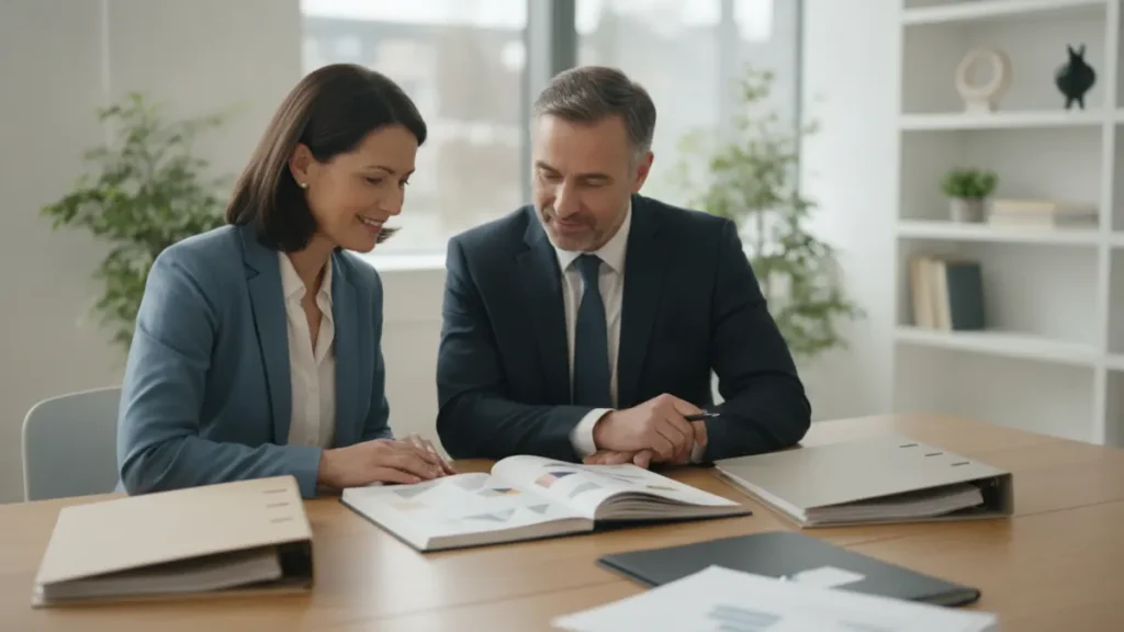 Small business owner reviewing tax records and a planning calendar with a tax advisor