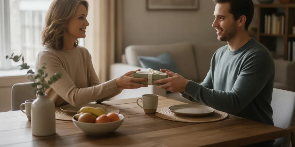 Family members sharing a thoughtful gift at a home gathering
