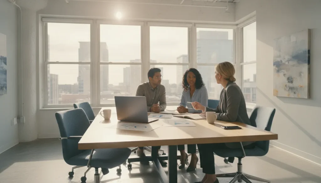 Small-business owners and an accounting advisor collaborating on bookkeeping workflows