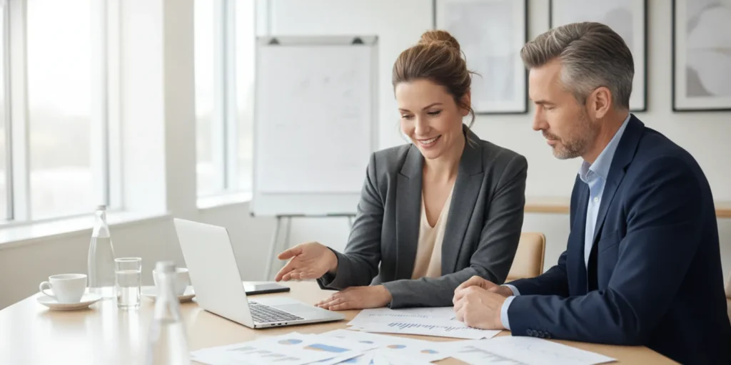 Business owners reviewing financial reports with an accounting professional at a table