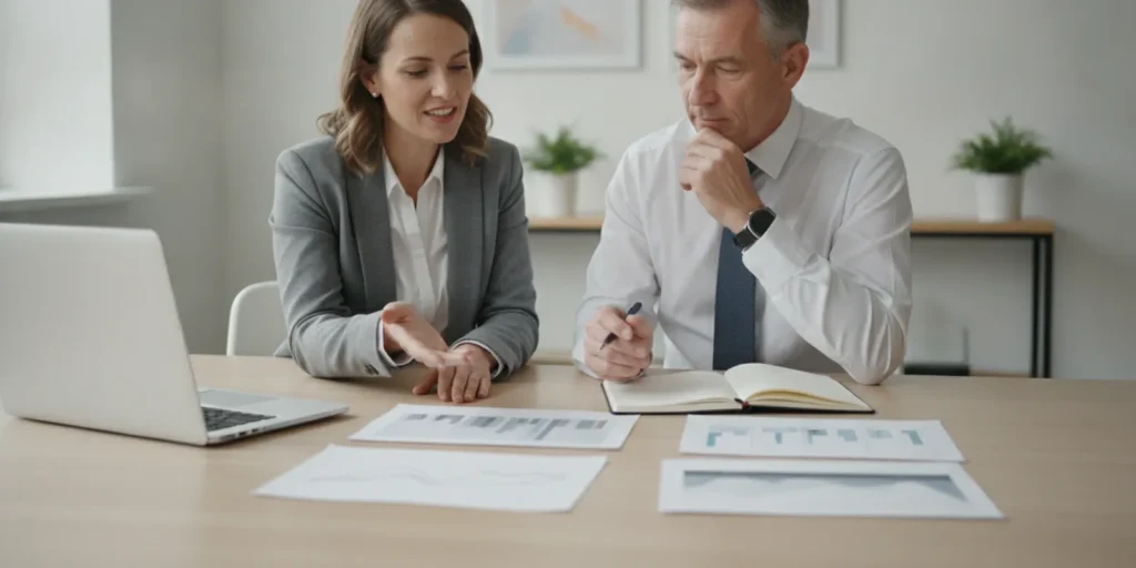 Business owner reviewing financial reports with an outsourced finance advisor