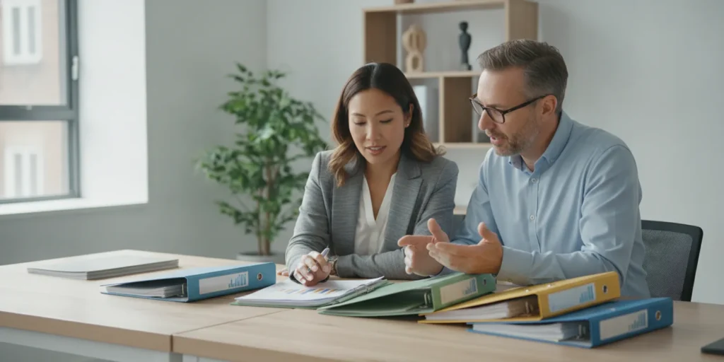 Small-business owner reviewing tax documents with an accounting professional at a desk