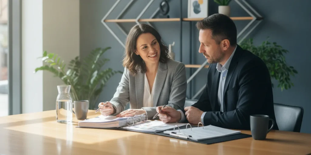 Small business owner reviewing financial records with a tax advisor at a desk