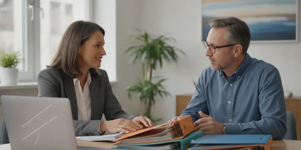 Small-business owner reviewing tax documents with a professional at a desk