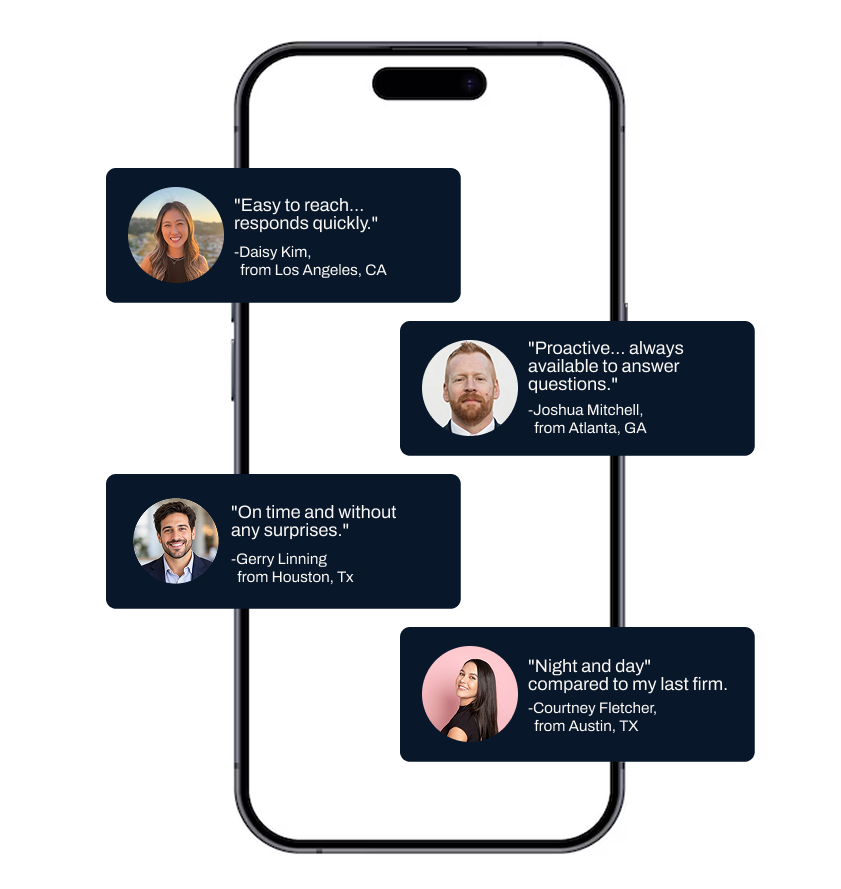 LedgerWay client testimonials from Los Angeles, Atlanta, Houston, and Austin.